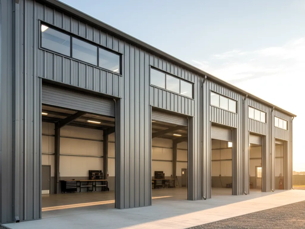 Metal shop building with five open overhead doors