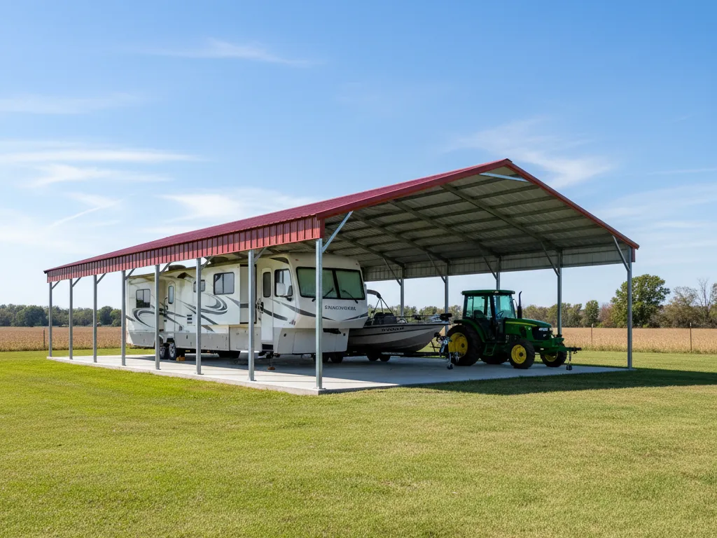 Steel covered storage building sheltering an RV, a boat and a tractor
