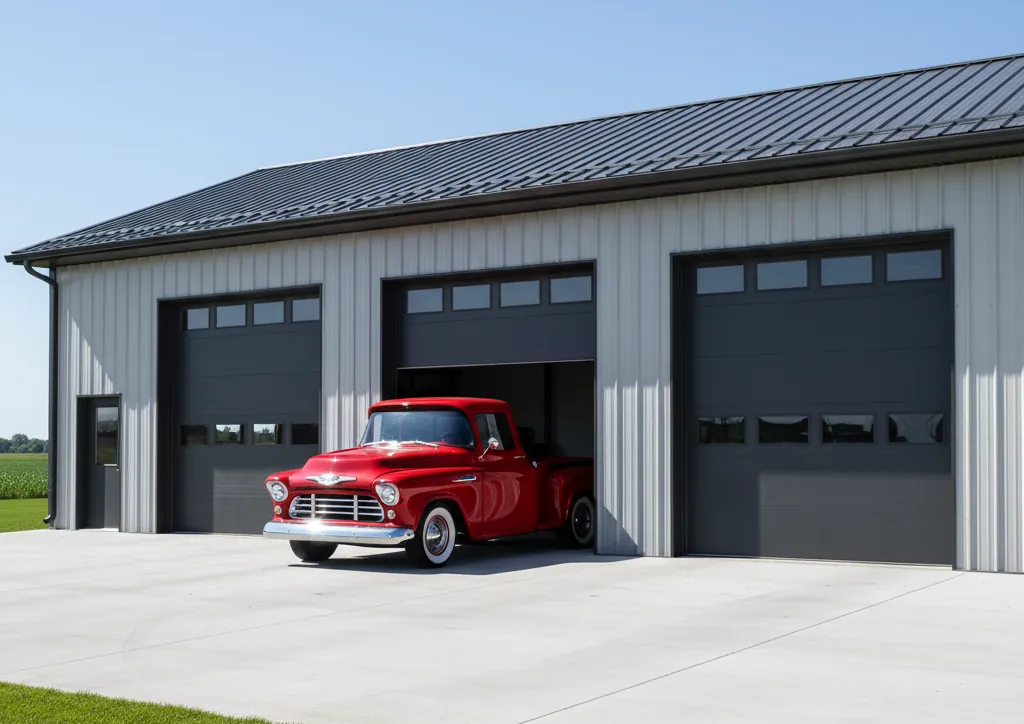 Multi-bay steel garage building with overhead doors