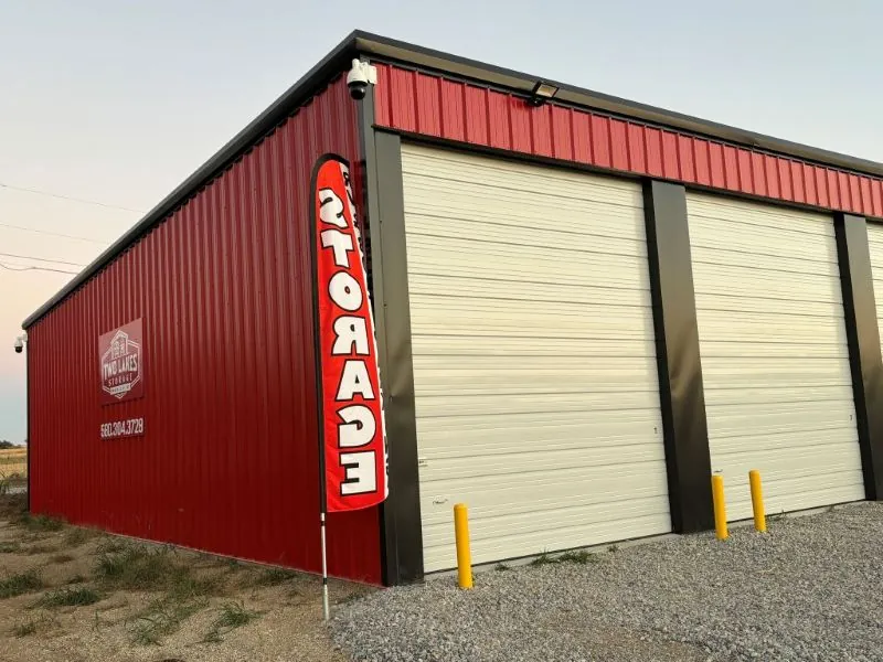 Red and tan steel storage building at Two Lakes Storage near Kaw Lake, Oklahoma